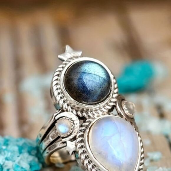Vintage Style Silver Plated Rings  Moonstone and Labradorite Gemstone - Picture 9 of 12